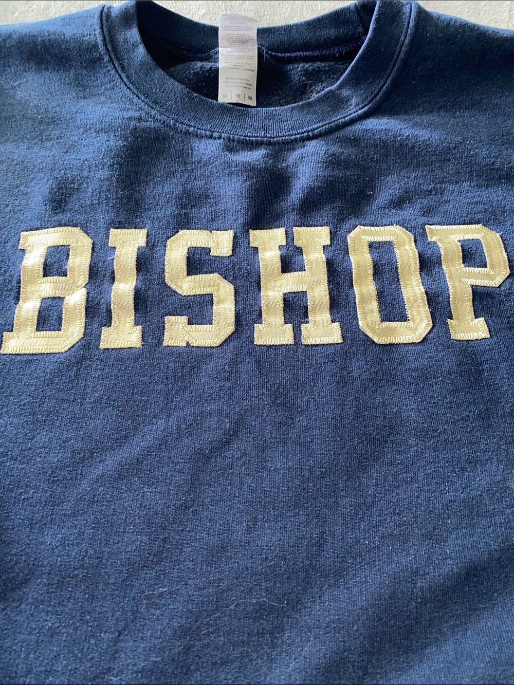 Unisex Gildan Navy Sweatshirt with gold BISHOP' Applique
